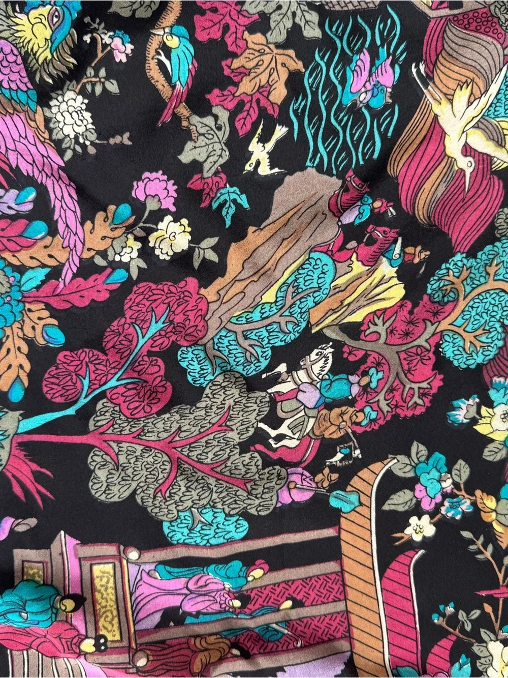 Vintage Hand Rolled Silk Chinoiserie Style Luxury Square Scarf Asian Motif
